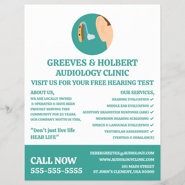 Flyer Icono de Ayuda Auditiva, Audiólogo, Clínica Audiol (Frente)