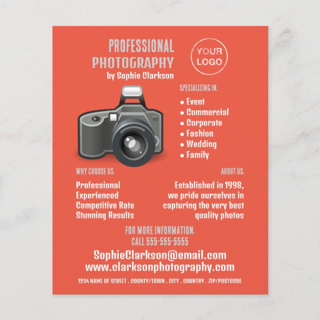 Flyer Icono de cámara flash, fotógrafo, alquiler de foto (Frente)