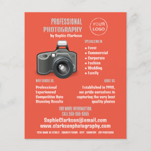 Flyer Icono de cámara flash, fotógrafo, alquiler de foto