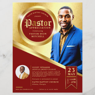 Flyer Iglesia de Apreciación del Pastor de Oro y Rojo Vi