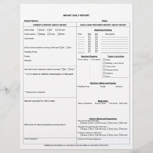 Flyer Infant Daily Report Sheet (Frente)