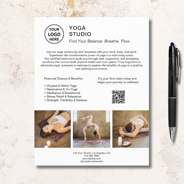 Flyer Instructor de yoga profesora de promoción blanca (Yoga Instructor Teacher White Promotional Business Flyer)