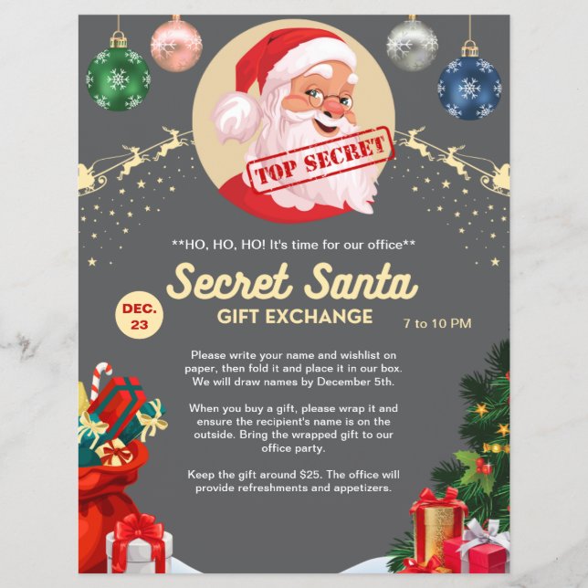 Flyer Intercambio de Regalos de Santa Secreto Gris Fiest (Frente)