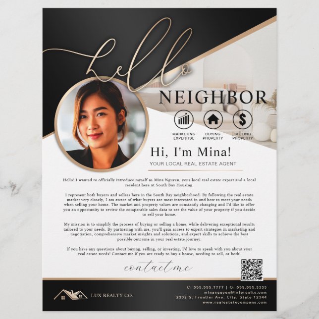 Flyer Introducción a Realtor de vecinos de Black & Beige (Frente)