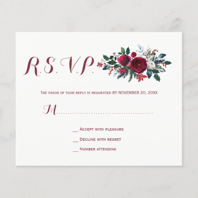 Flyer invierno presupuestado burgundy floral boda rsvp F (Frente)