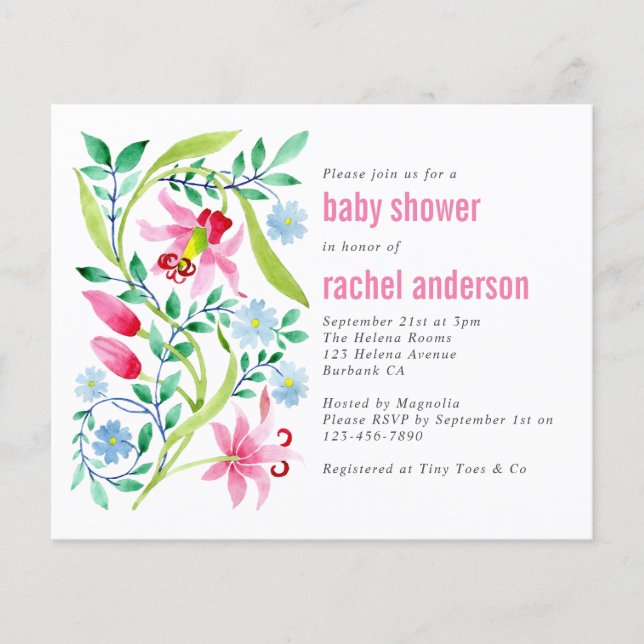 Flyer Invitación a Baby Shower con flores rosadas de PAP (Frente)