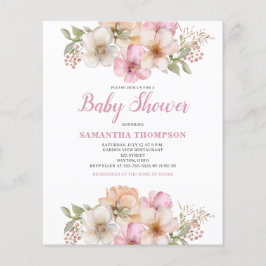 Flyer Invitación a Baby Shower con flores rosadas de pre
