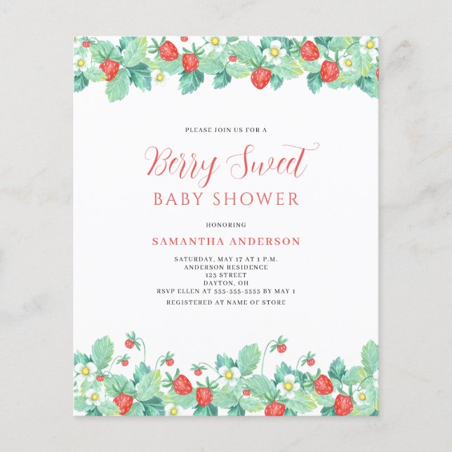 Flyer Invitación a Baby Shower de Budget Berry Sweet (Frente)