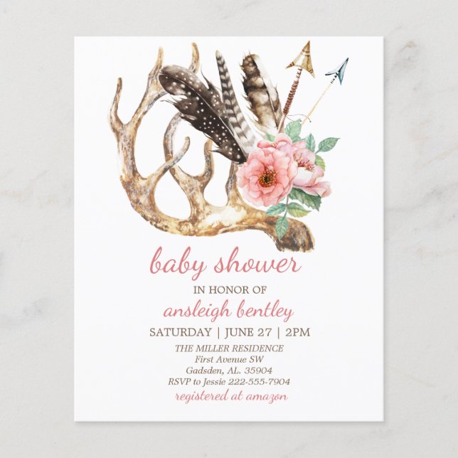 Flyer Invitación a Baby Shower de Budget Floral y Antler (Frente)