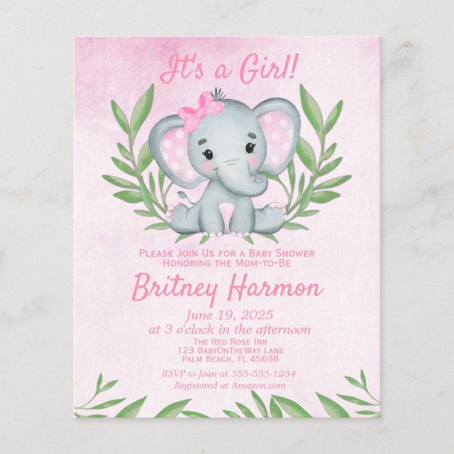 Flyer Invitación a Baby Shower de Chica de Elefante Rosa (Frente)
