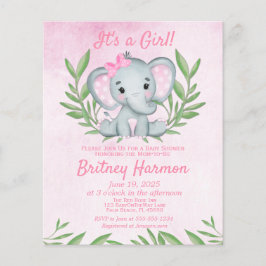 Flyer Invitación a Baby Shower de Chica de Elefante Rosa