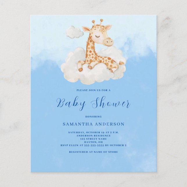 Flyer Invitación a Baby Shower de Cute Giraffe Boy Budge (Frente)