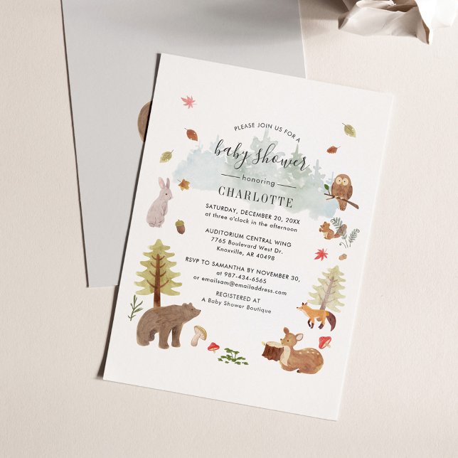 Flyer Invitación a Baby Shower de Woodland Animals (Woodland Animals Script Baby Shower Invitation)