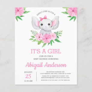 Flyer Invitación a Baby Shower Girly para el Elefante de