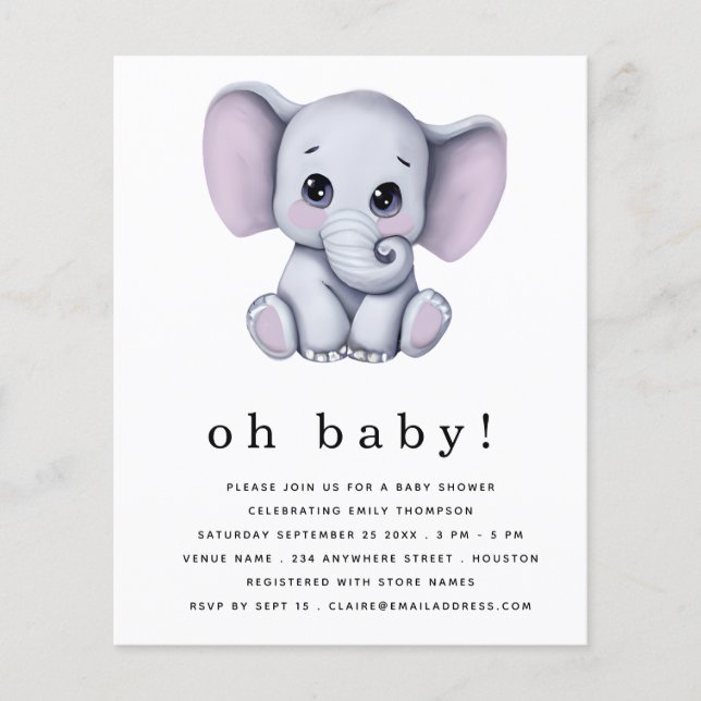 Flyer Invitación a Baby Shower neutra por género de elef (Frente)