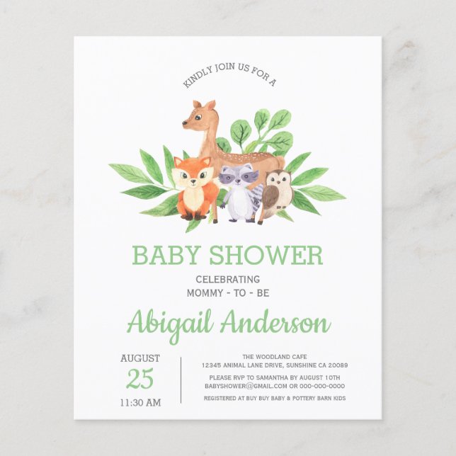 Flyer Invitación a Baby Shower para animales de Woodland (Frente)