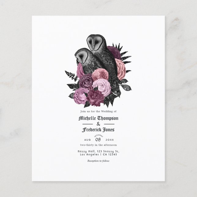 Flyer Invitación a bodas góticas de lechuzas malvas vina (Frente)