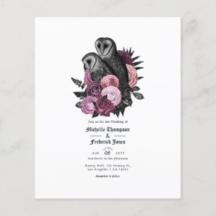 Flyer Invitación a bodas góticas de lechuzas malvas vina