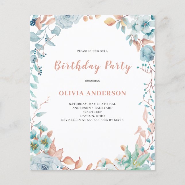 Flyer Invitación a cumpleaños con floración azul de pres (Frente)