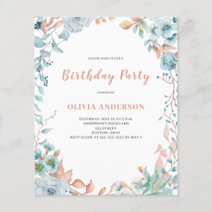 Flyer Invitación a cumpleaños con floración azul de pres
