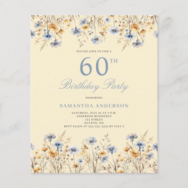 Flyer Invitación a cumpleaños número 60 de Budget Blue W (Frente)