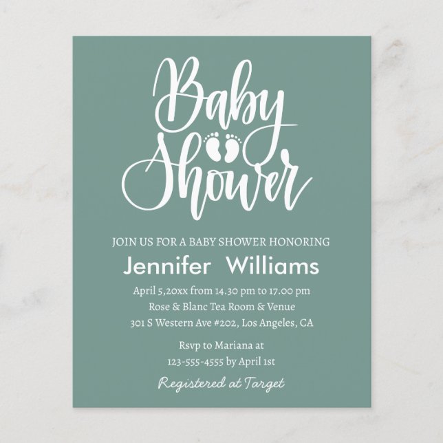 Flyer invitación a ducha de bebé blanca verde minimalist (Frente)
