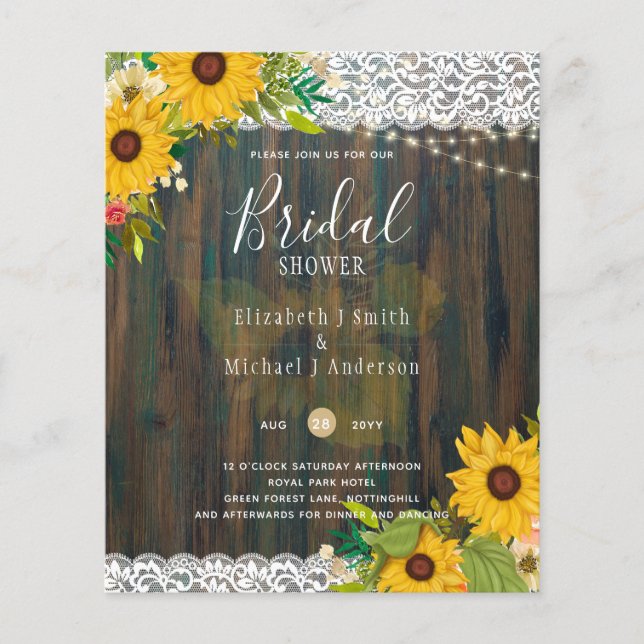 Flyer Invitación a ducha de novia de LeahG Rustic Sunflo (Frente)