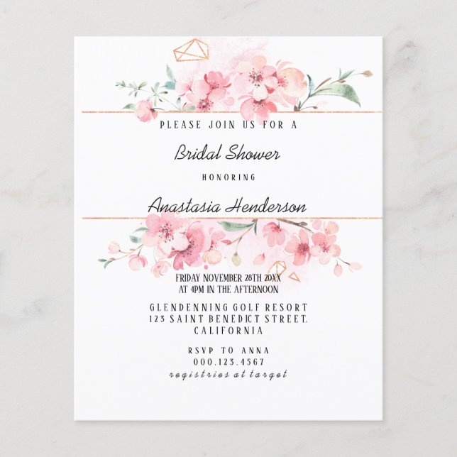 Flyer Invitación a ducha de novia presupuestal. (Frente)