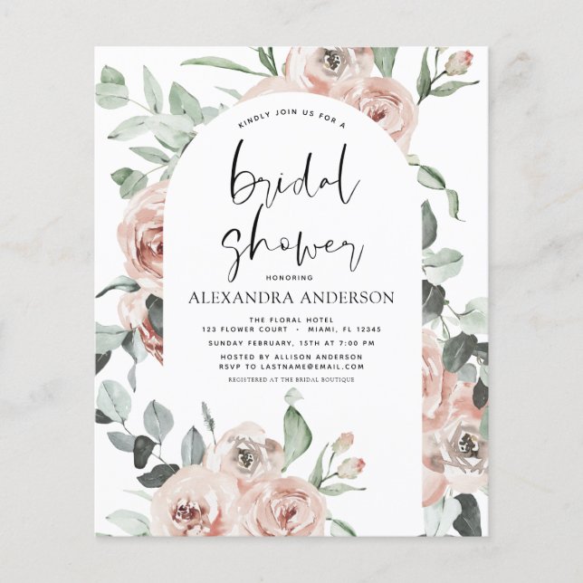 Flyer Invitación a ducha de novias con flores rosadas ag (Frente)