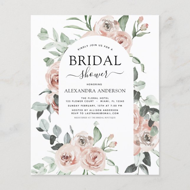 Flyer Invitación a ducha de novias con flores rosadas ag (Frente)