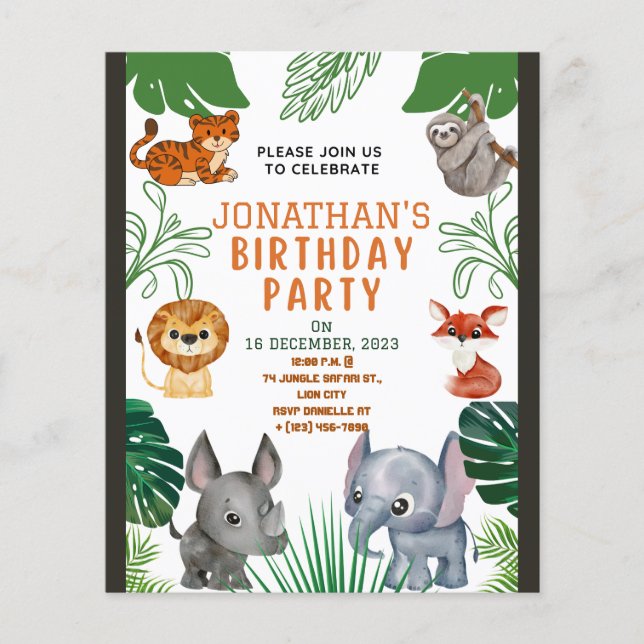 Flyer Invitación a fiesta de cumpleaños de animales de l (Frente)