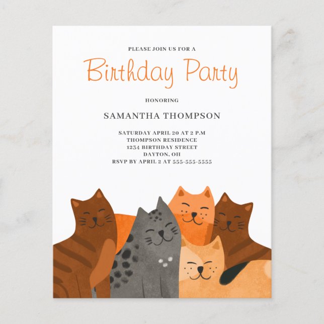 Flyer Invitación a fiesta de cumpleaños de un gato con p (Frente)