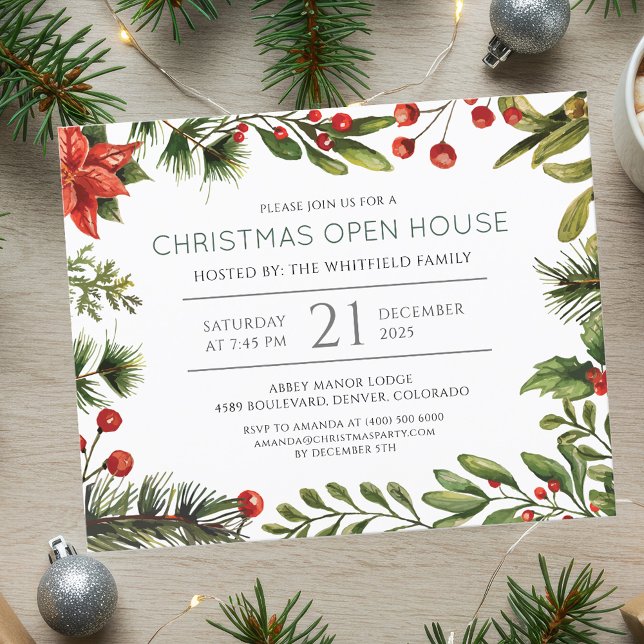 Flyer Invitación a fiesta de feriado para Navidades botá (Elegant Christmas Holiday Open House Invitation)