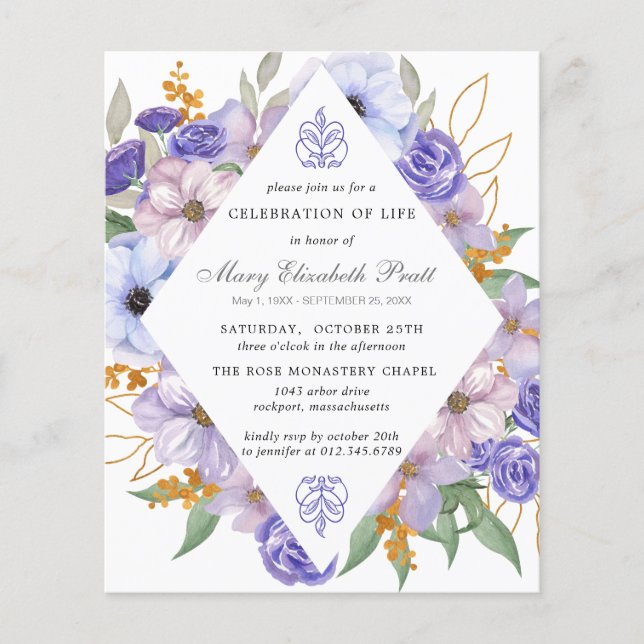 Flyer Invitación a funerales morados con flores de PAPER (Frente)