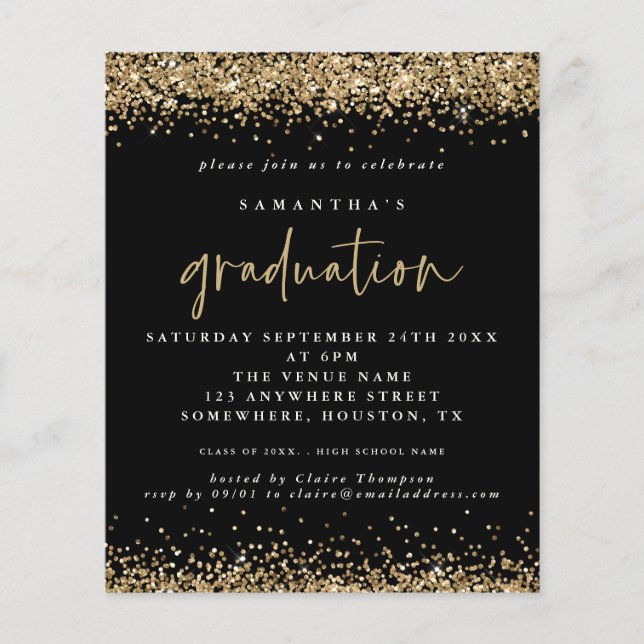 Flyer Invitación a graduación de Purpurina de oro negro  (Frente)