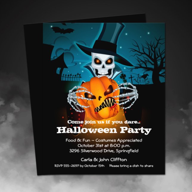 Flyer Invitación a Halloween con esqueleto de presupuest (Printed on affordable THIN 80 lb flyer paper - heavier paper available in our collection.)
