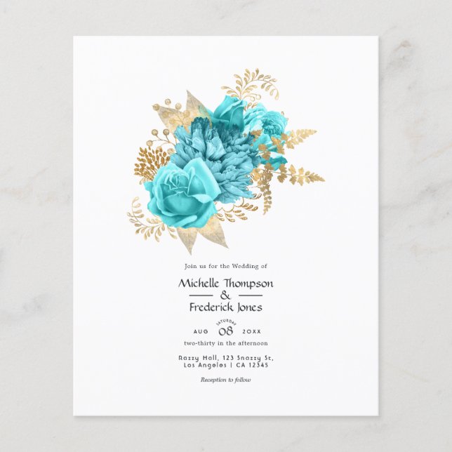 Flyer Invitación a la boda acuática y floral de oro (Frente)