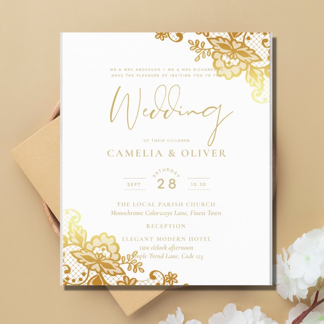 Flyer Invitación a la boda blanca de encaje dorado Clási (Subido por el creador)