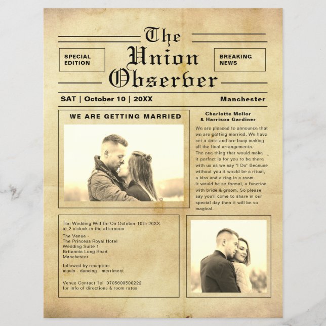 Flyer Invitación a la boda con estilo de periódico vinta (Frente)