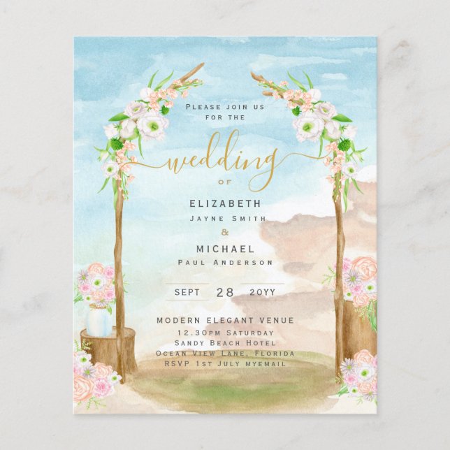 Flyer Invitación a la boda costera de BUDGET Beach (Frente)