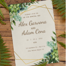 Invitación a la boda de acuarela verde y dorada
