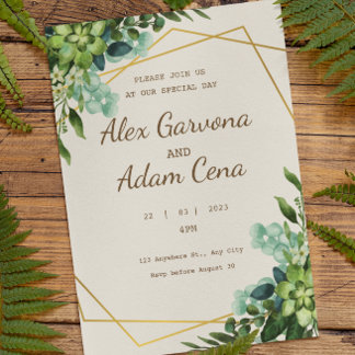 Flyer Invitación a la boda de acuarela verde y dorada