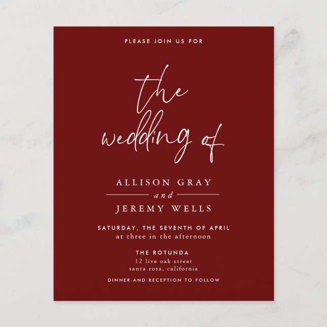 Flyer Invitación a la boda de Borgoña con presupuesto (Frente)