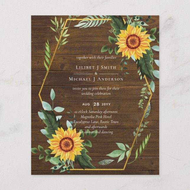 Flyer Invitación a la boda de girasoles rústicos con men (Frente)