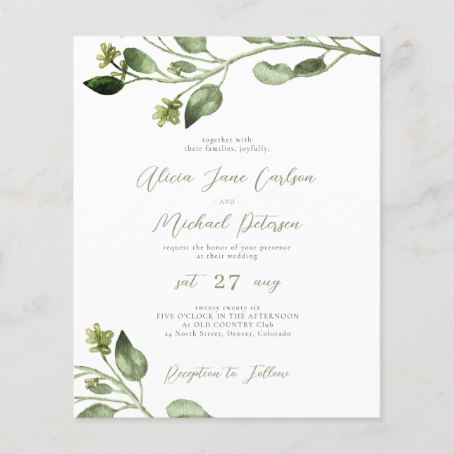 Flyer Invitación a la boda de guiones elegantes y verdes (Frente)