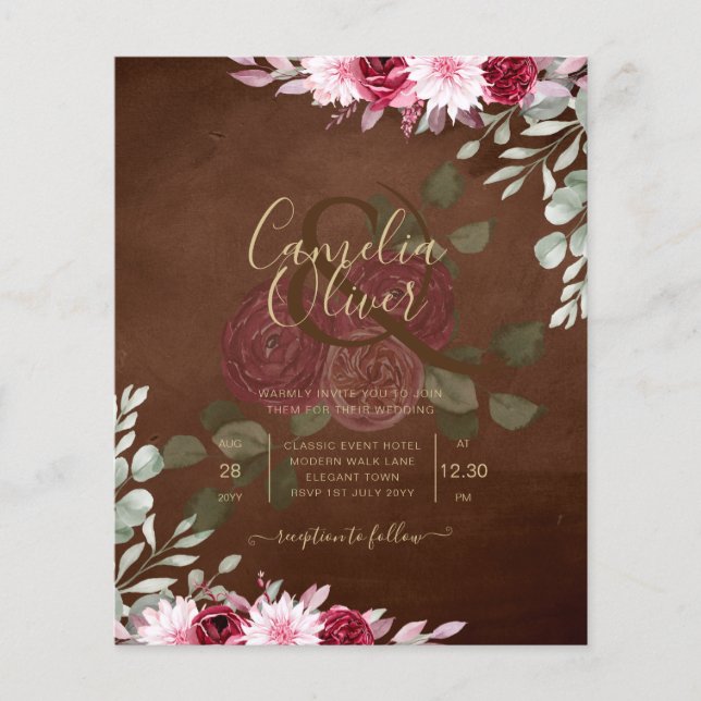 Flyer Invitación a la boda de invierno con flores de bor (Frente)