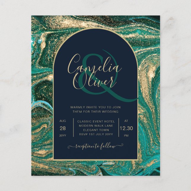 Flyer Invitación a la boda de la fiesta de oro verde esm (Frente)
