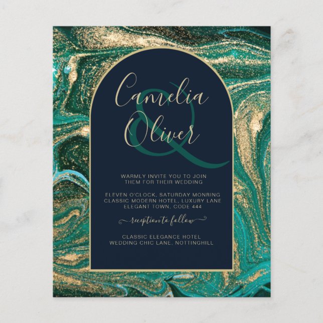 Flyer Invitación a la boda de la fiesta de oro verde esm (Frente)