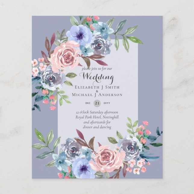 Flyer Invitación a la boda de las flores azules rosadas  (Frente)