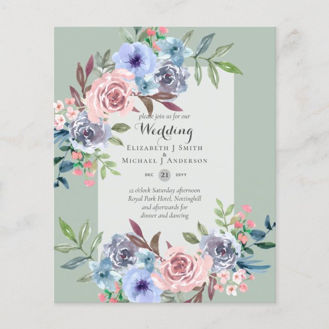 Flyer Invitación a la boda de las flores azules rosadas  (Frente)